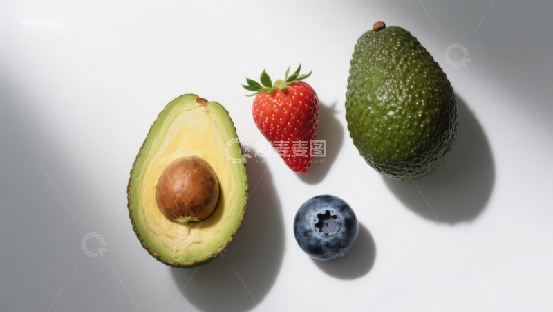 高清大图下载【趣麦麦图】新鲜水果组合：牛油果、草莓与蓝莓