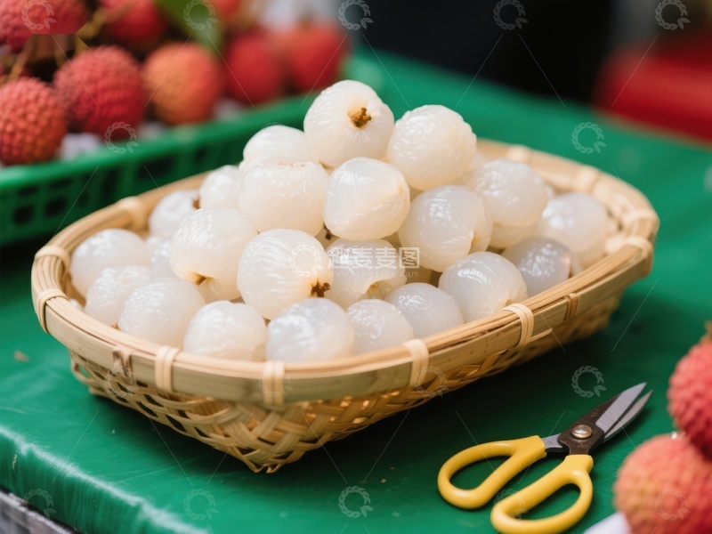 高清大图下载【趣麦麦图】新鲜荔枝果肉盛于竹篮