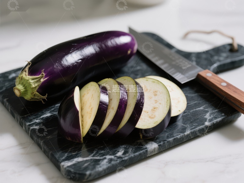 高清大图下载【趣麦麦图】切片茄子与刀具置于大理石砧板上