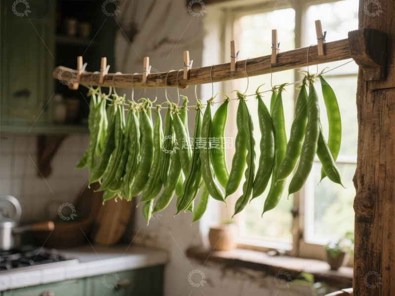 高清大图下载【趣麦麦图】厨房中悬挂的绿色豆荚