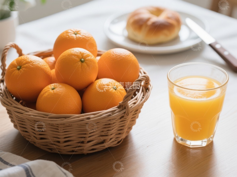 高清大图下载【趣麦麦图】新鲜橙子与果汁的早餐场景