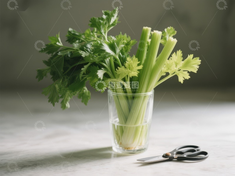 新鲜芹菜置于玻璃杯中