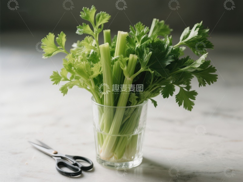 高清大图下载【趣麦麦图】新鲜芹菜置于透明杯中
