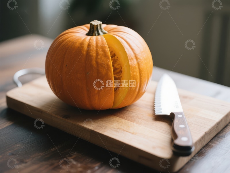 高清大图下载【趣麦麦图】切开的南瓜置于砧板上