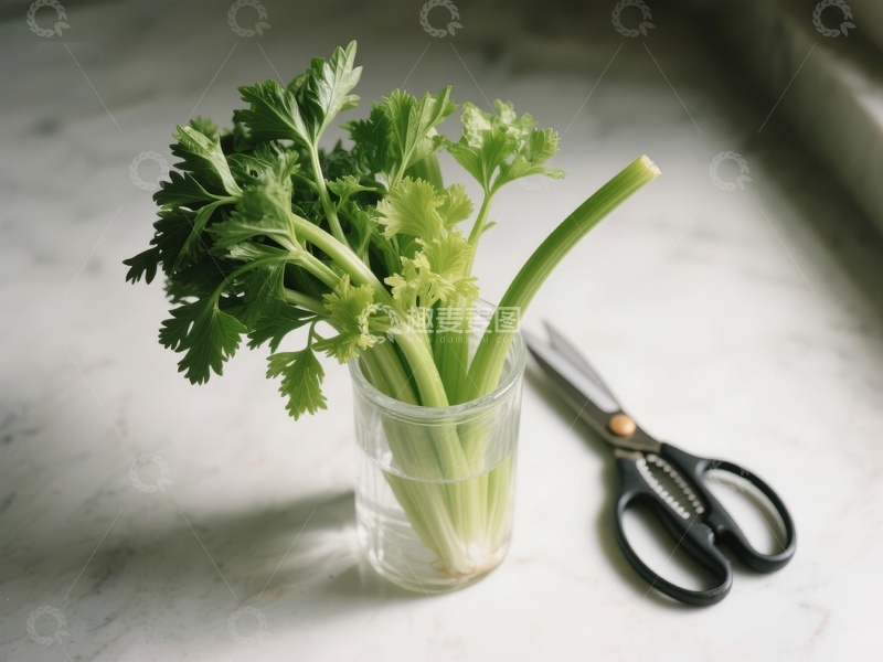 高清大图下载【趣麦麦图】芹菜置于水杯旁配剪刀