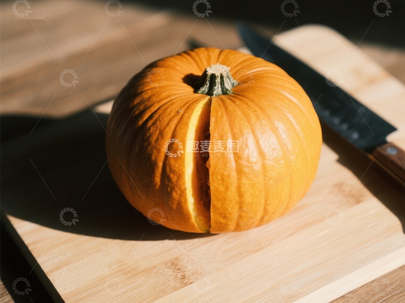 高清大图下载【趣麦麦图】切开的南瓜置于砧板上