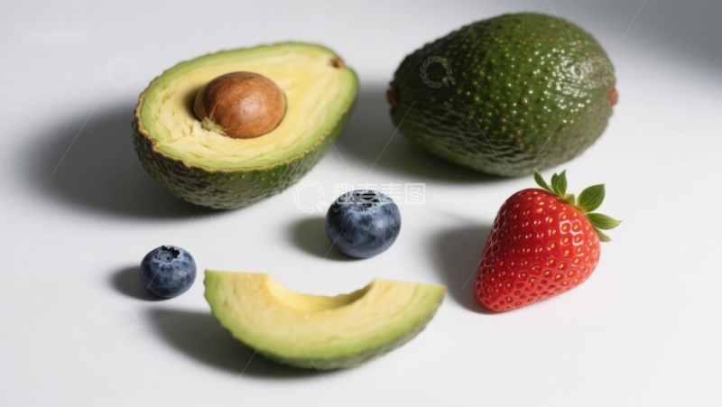 高清大图下载【趣麦麦图】新鲜水果组合：牛油果、蓝莓和草莓