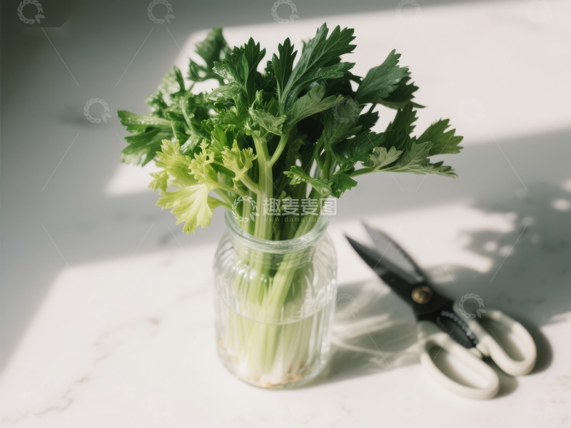 新鲜香菜置于玻璃瓶中，旁置剪刀