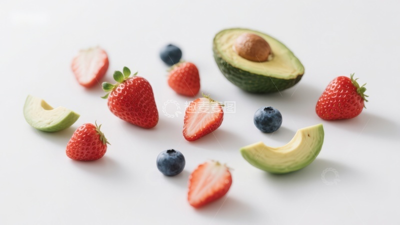 高清大图下载【趣麦麦图】新鲜水果组合：草莓、蓝莓与牛油果