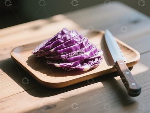 切片紫甘蓝与刀具置于木盘