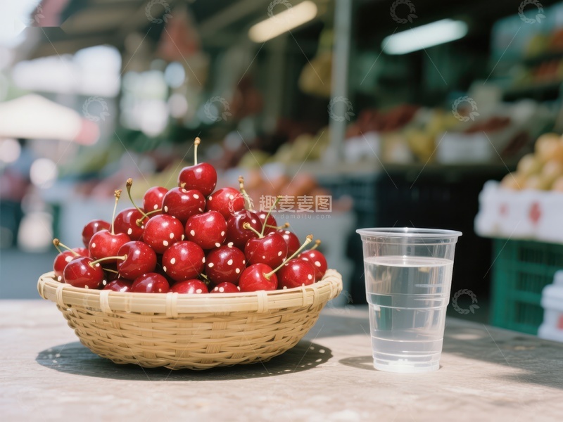 高清大图下载【趣麦麦图】樱桃与清水：市场一角的清新景象