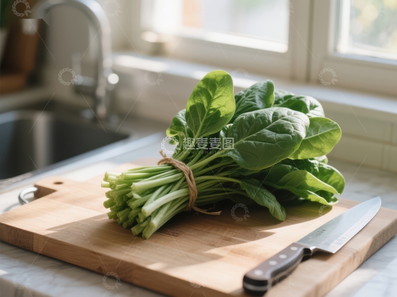 高清大图下载【趣麦麦图】新鲜菠菜置于厨房砧板上
