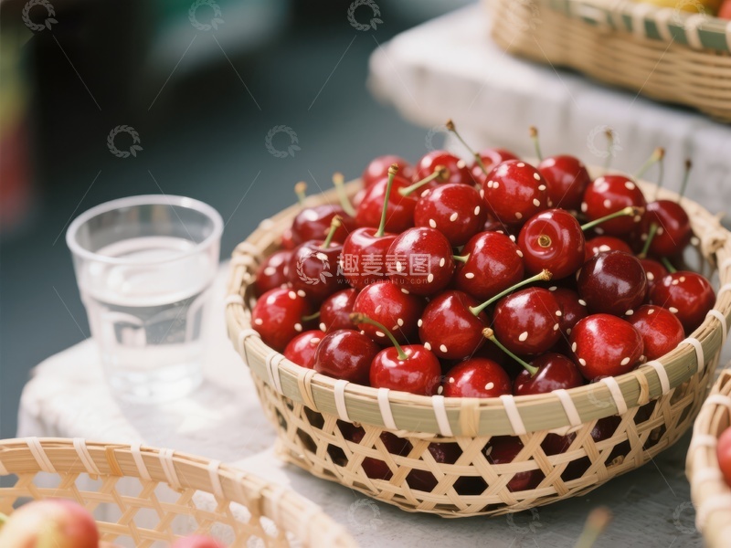 高清大图下载【趣麦麦图】竹篮中的鲜红樱桃