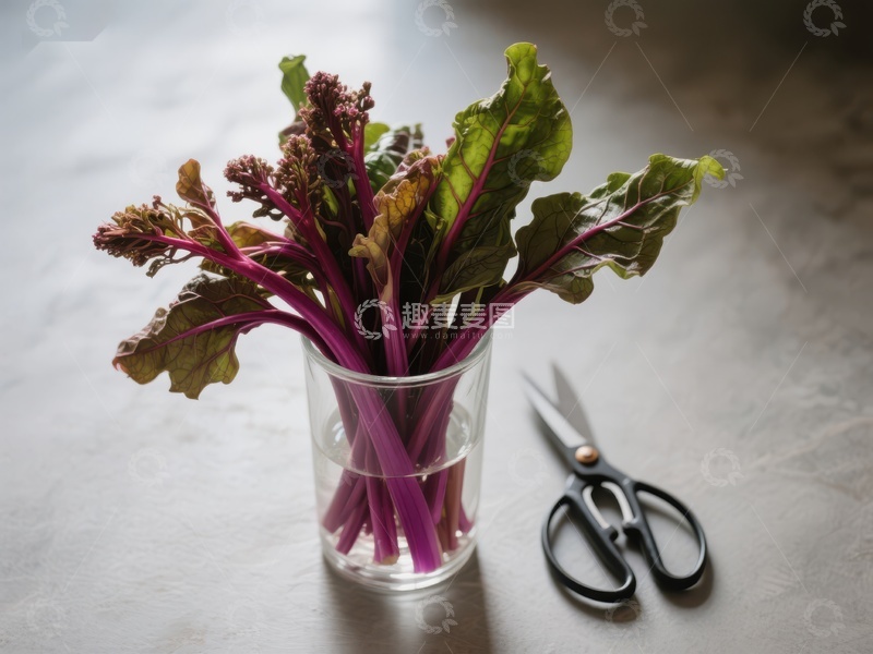 高清大图下载【趣麦麦图】玻璃杯中的红柄绿叶蔬菜与剪刀
