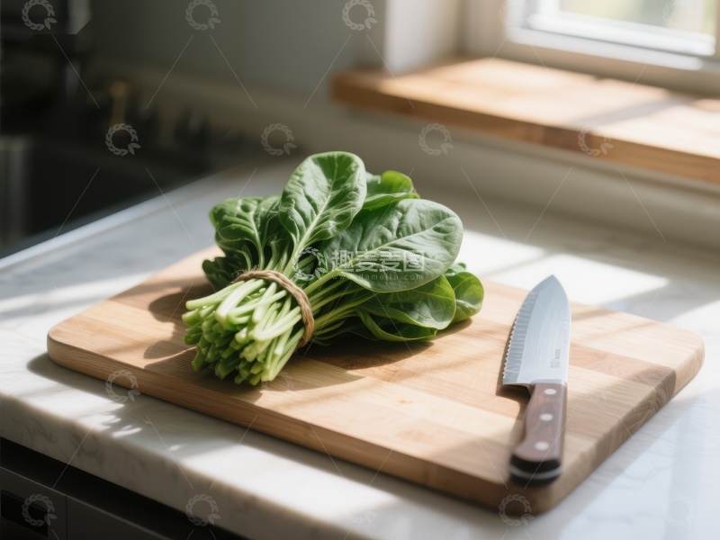 高清大图下载【趣麦麦图】新鲜菠菜与刀具置于砧板上