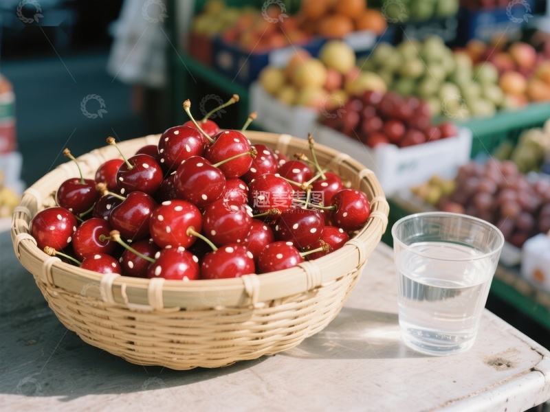 新鲜樱桃篮与市场水果背景