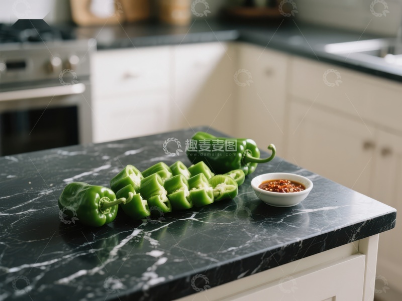 高清大图下载【趣麦麦图】厨房台面上的青椒与调料