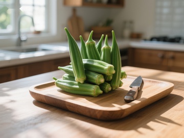 新鲜秋葵置于木质砧板上