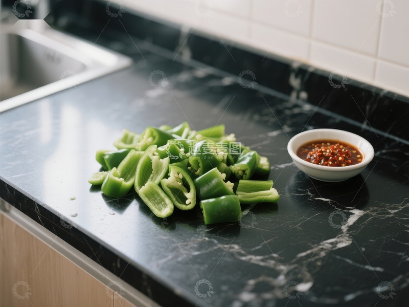 高清大图下载【趣麦麦图】切好的青椒与调味酱置于厨房台面