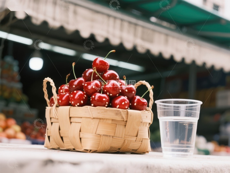 高清大图下载【趣麦麦图】篮子里的樱桃与透明杯子