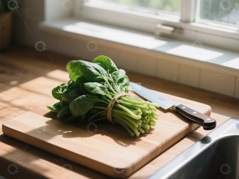 高清大图下载【趣麦麦图】新鲜菠菜与刀具置于砧板上