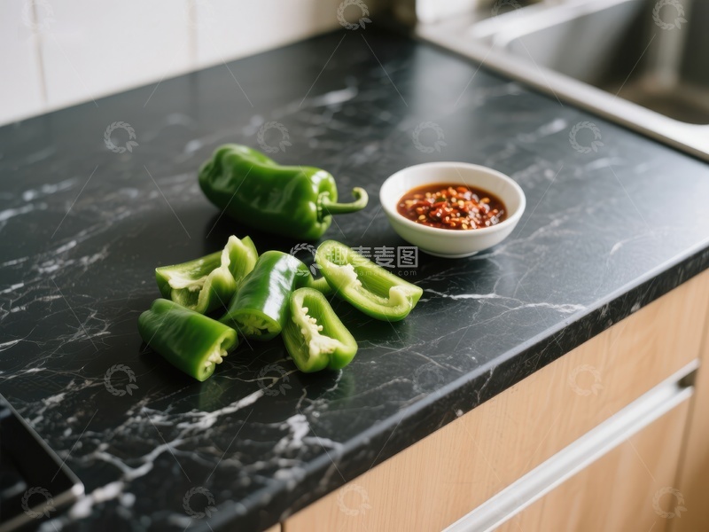 高清大图下载【趣麦麦图】厨房台面上的青椒与调料碗