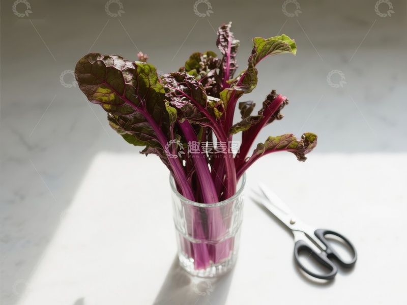 高清大图下载【趣麦麦图】紫茎绿叶植物置于玻璃杯中