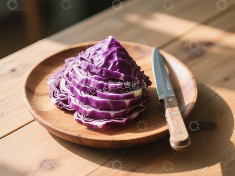 高清大图下载【趣麦麦图】切片紫甘蓝与刀具置于木盘