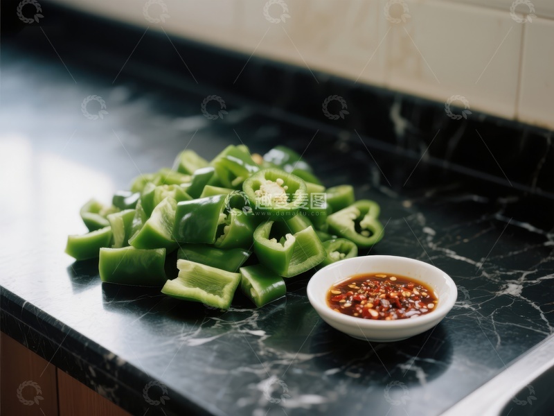 高清大图下载【趣麦麦图】切片青椒与调味碟置于大理石台面