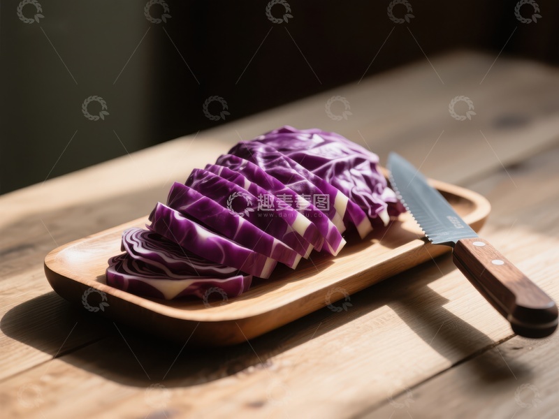 高清大图下载【趣麦麦图】切片紫甘蓝与刀具置于木盘