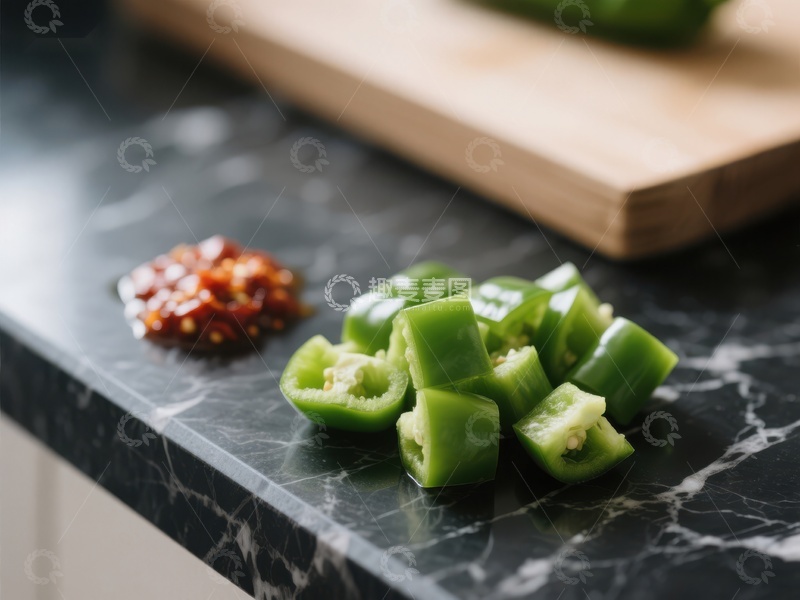 高清大图下载【趣麦麦图】切片青椒与辣椒碎置于大理石台面