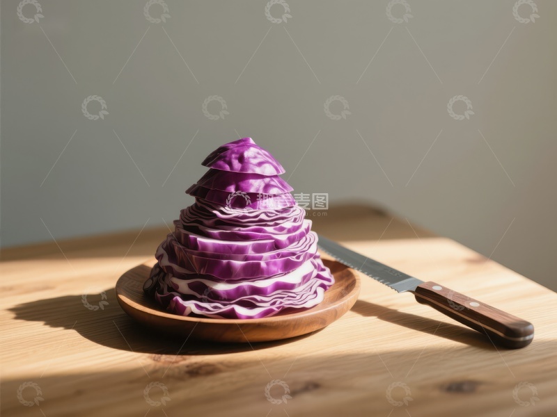高清大图下载【趣麦麦图】切片紫甘蓝堆叠于木盘