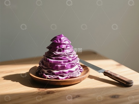 切片紫甘蓝堆叠于木盘
