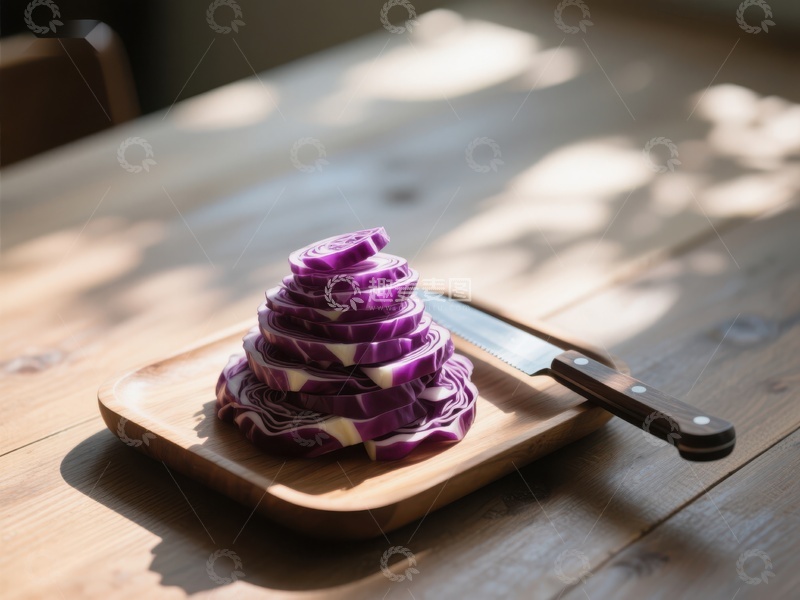 高清大图下载【趣麦麦图】切片紫甘蓝与刀具置于木板上