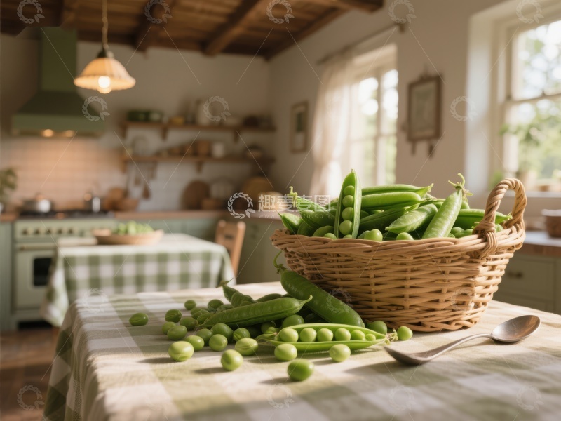 高清大图下载【趣麦麦图】厨房餐桌上的新鲜豌豆