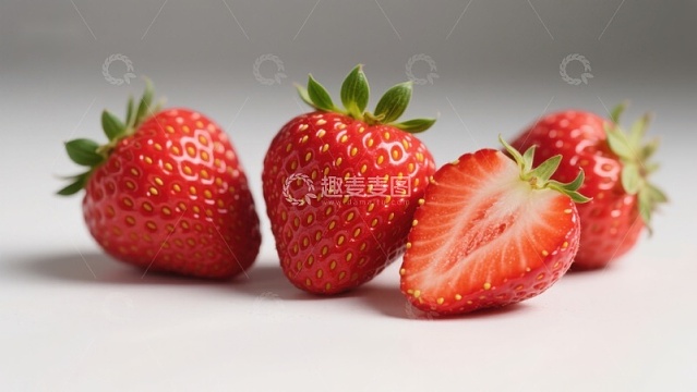 新鲜草莓特写，一颗切开展示内部