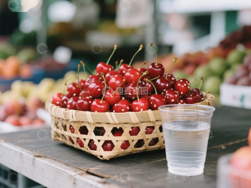 新鲜樱桃摆放在市场摊位上
