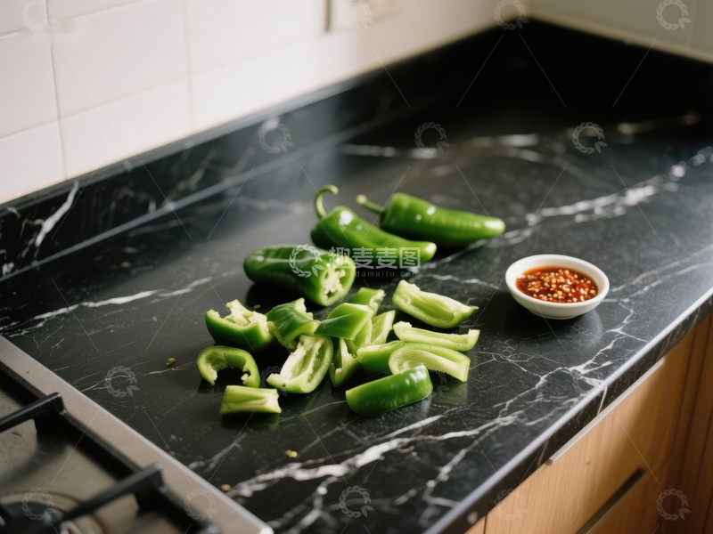 高清大图下载【趣麦麦图】厨房台面上的青椒与调料