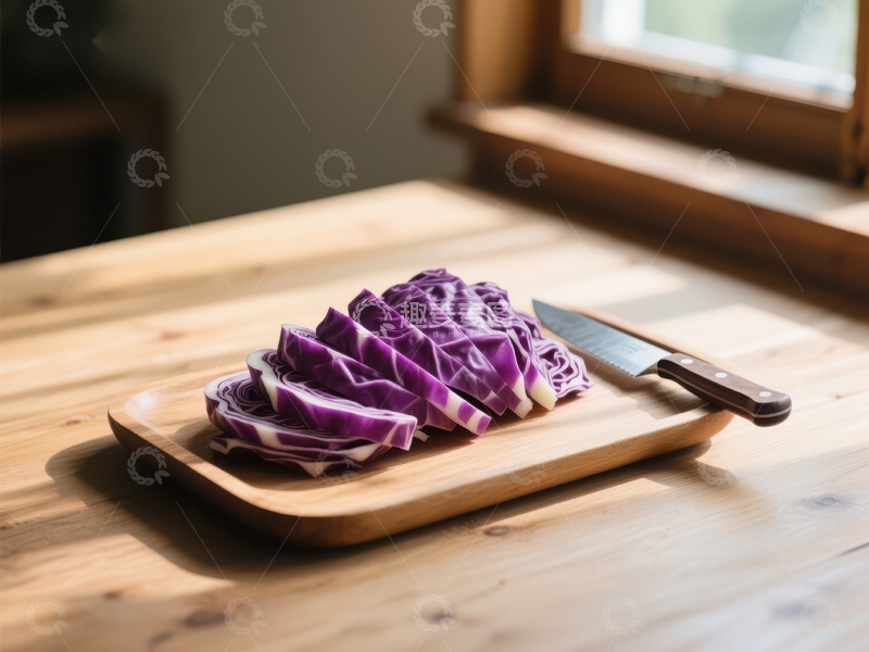高清大图下载【趣麦麦图】切片紫甘蓝置于木质砧板上