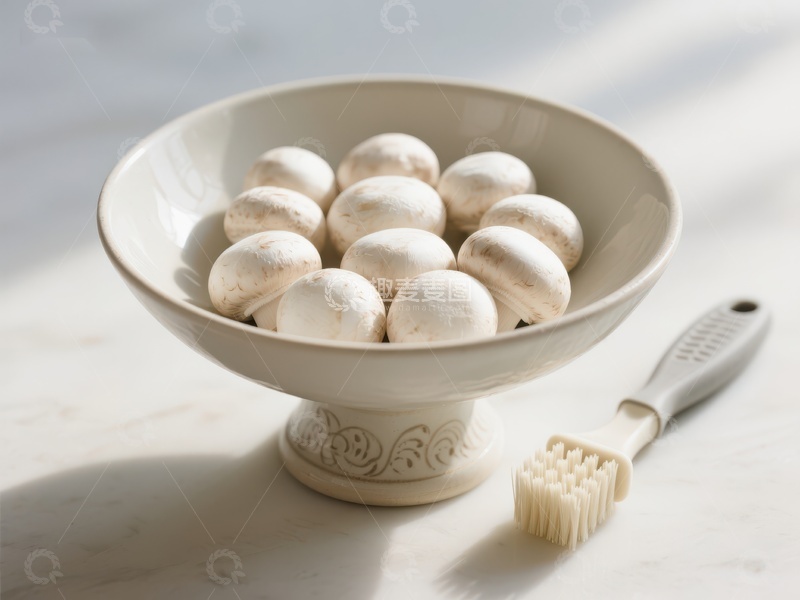 高清大图下载【趣麦麦图】瓷碗中的新鲜蘑菇与清洁刷