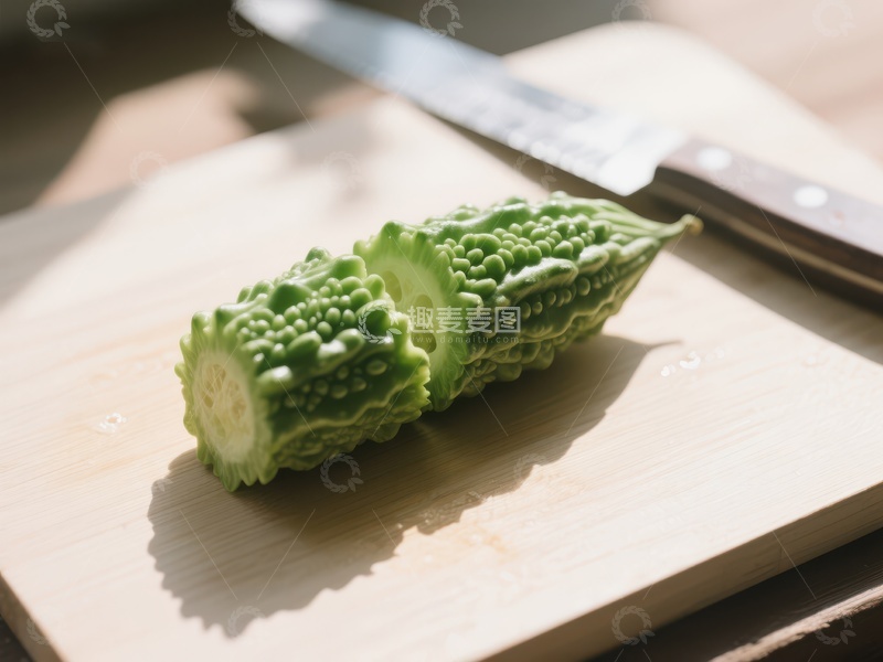 高清大图下载【趣麦麦图】苦瓜切片置于砧板之上
