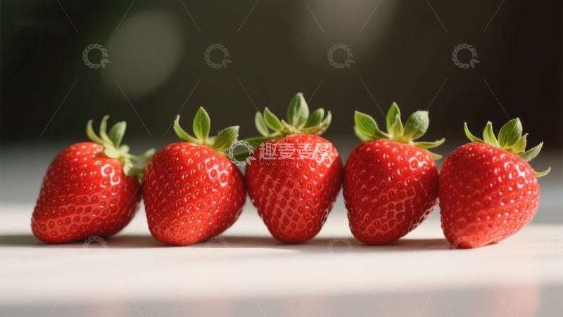 高清大图下载【趣麦麦图】五颗新鲜草莓整齐排列