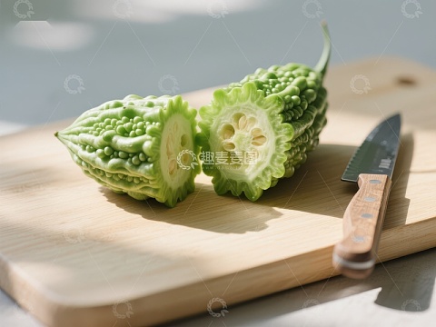 苦瓜切片与刀具置于砧板上