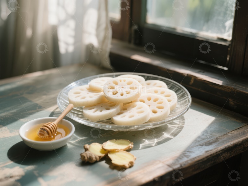 高清大图下载【趣麦麦图】莲藕片与蜂蜜的清新组合