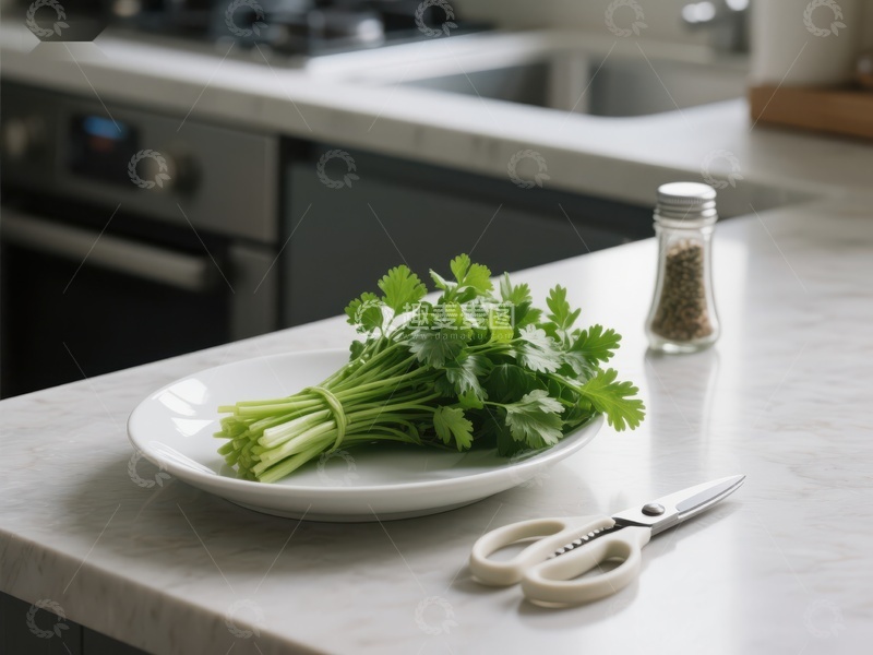 高清大图下载【趣麦麦图】厨房台面上的香菜与剪刀