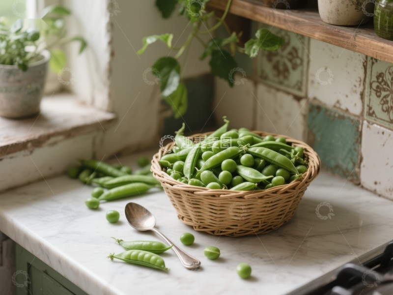 高清大图下载【趣麦麦图】厨房台面上的豌豆篮