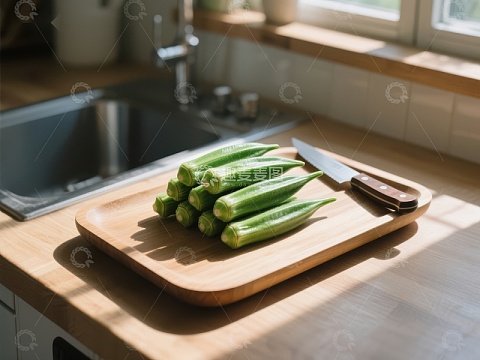 厨房案板上的秋葵与刀具