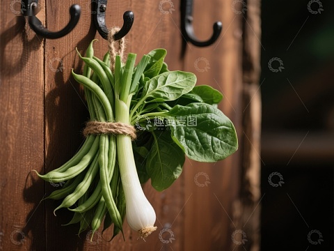 新鲜蔬菜束挂在木墙挂钩上