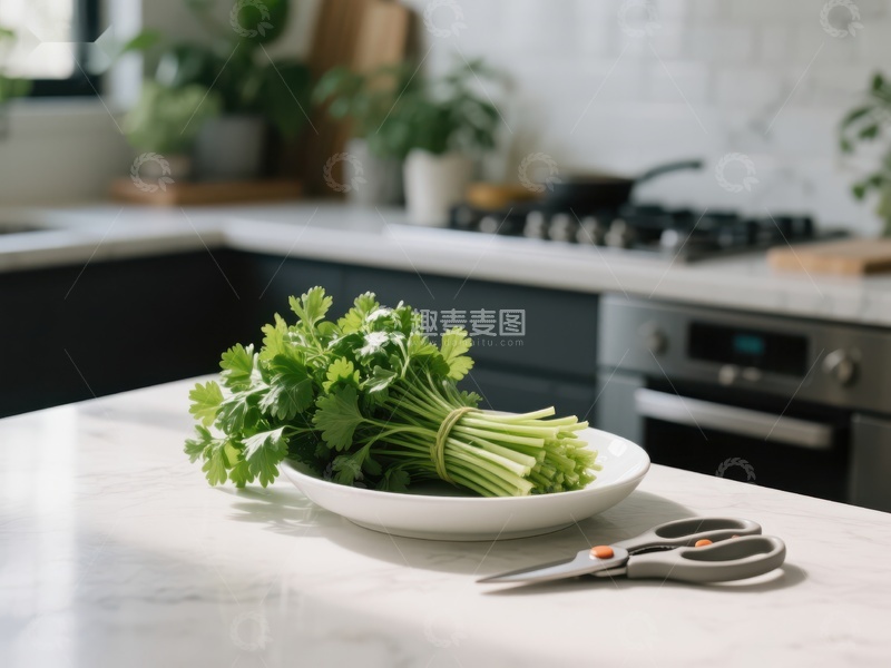 高清大图下载【趣麦麦图】厨房台面上的香菜与剪刀