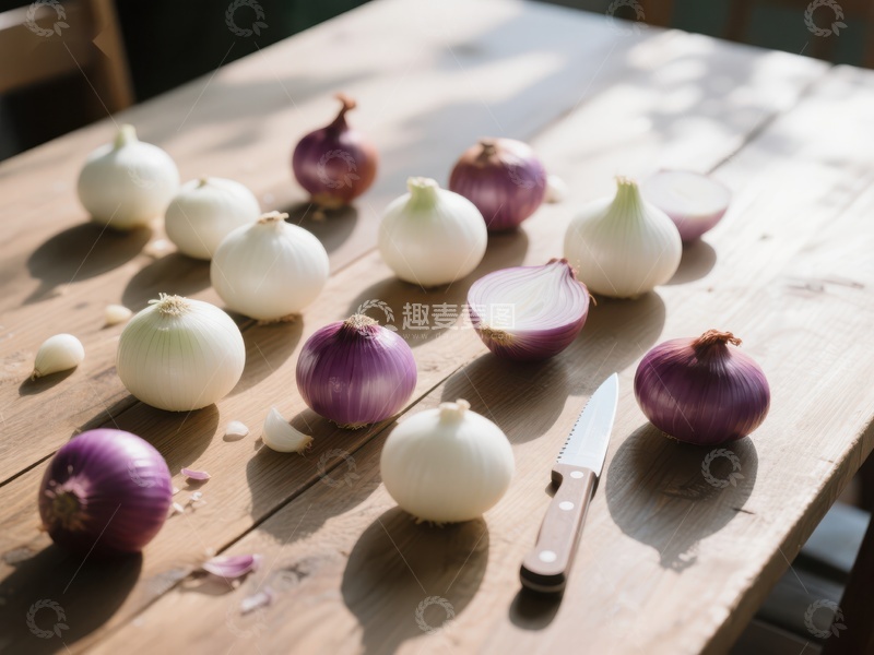 高清大图下载【趣麦麦图】木桌上摆放的多种洋葱